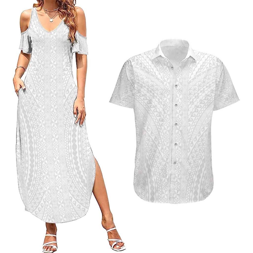 Lotu Tamaiti White Tongan Ngatu Couples Matching Summer Maxi Dress and Hawaiian Shirt Polynesian Tribal Fonulei Pattern LT9 White - Polynesian Pride