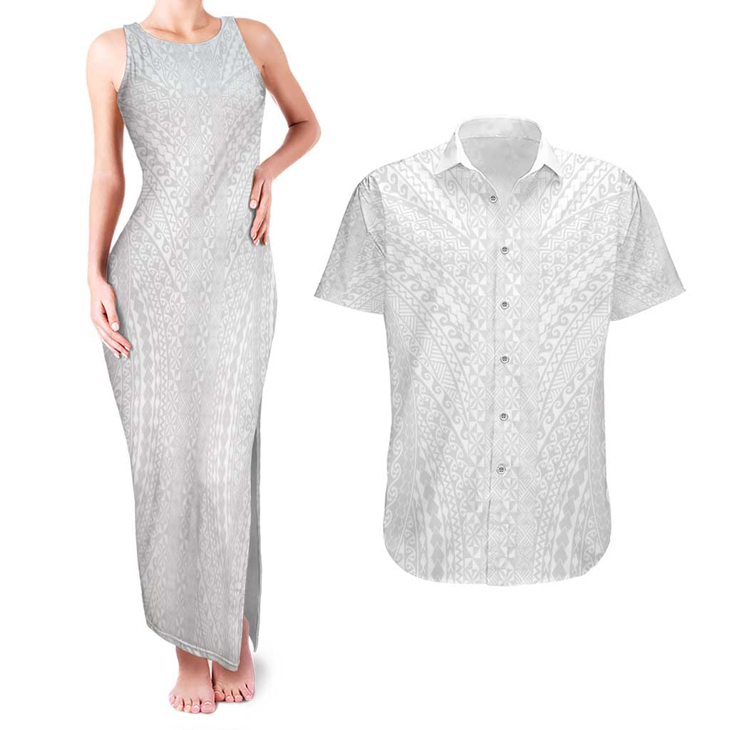 Lotu Tamaiti White Tongan Ngatu Couples Matching Tank Maxi Dress and Hawaiian Shirt Polynesian Tribal Fonulei Pattern - Polynesian Pride