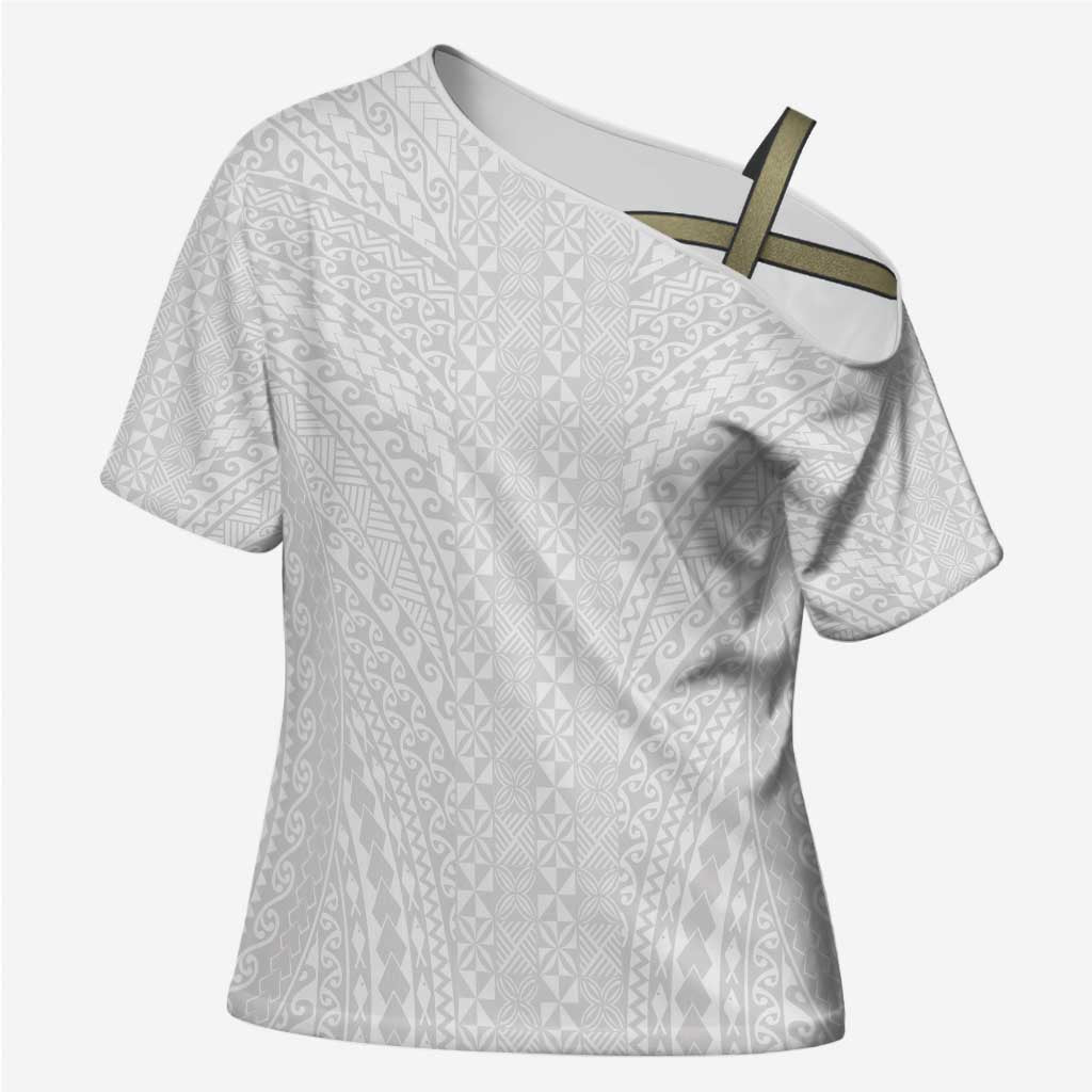 Lotu Tamaiti White Tongan Ngatu Cross Shoulder Shirt Polynesian Tribal Fonulei Pattern LT9 Female White - Polynesian Pride