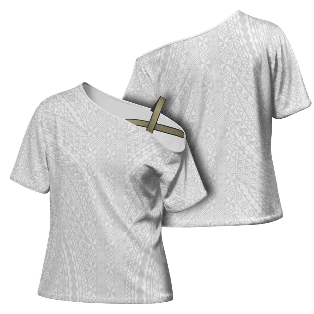 Lotu Tamaiti White Tongan Ngatu Cross Shoulder Shirt Polynesian Tribal Fonulei Pattern LT9 - Polynesian Pride
