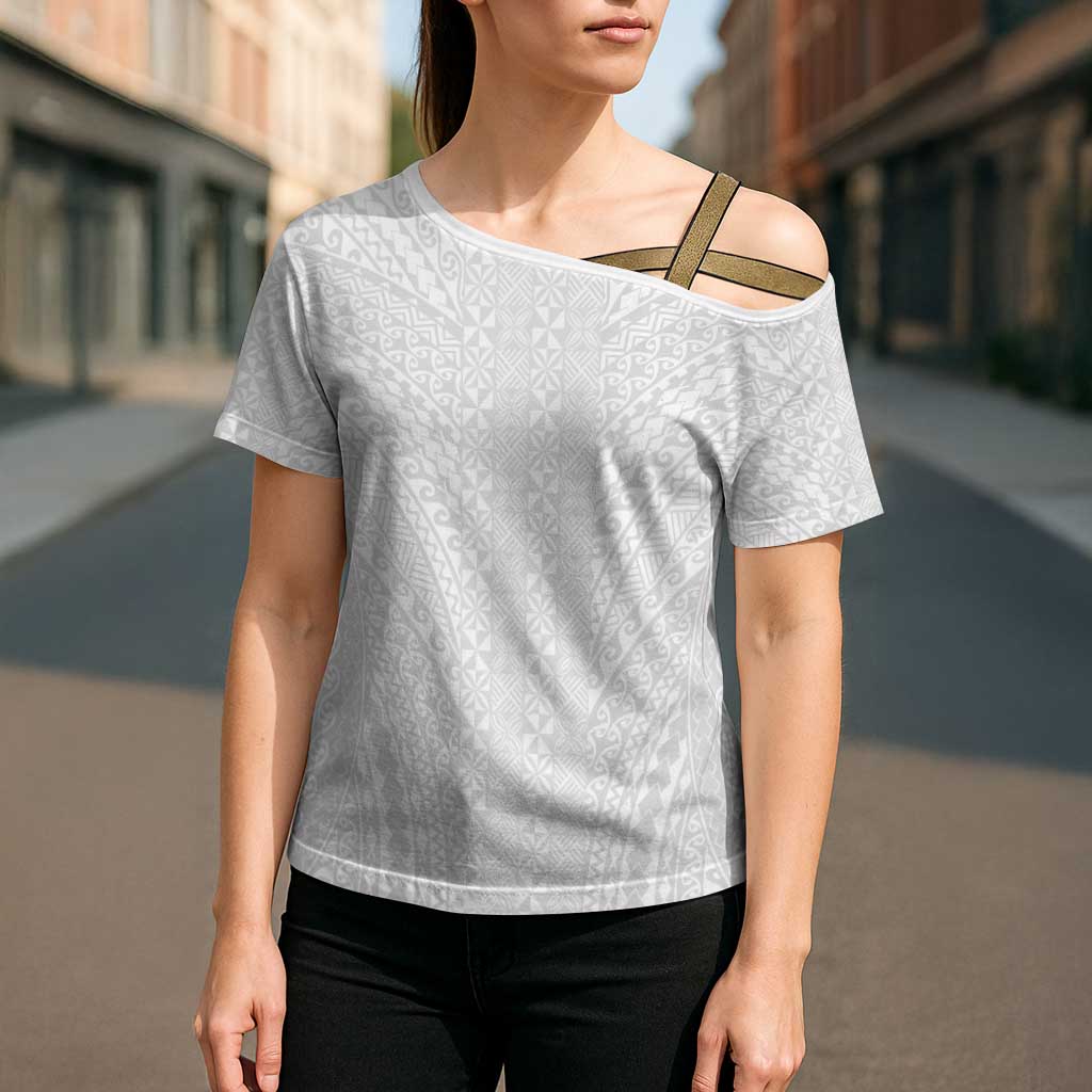 Lotu Tamaiti White Tongan Ngatu Cross Shoulder Shirt Polynesian Tribal Fonulei Pattern LT9 - Polynesian Pride