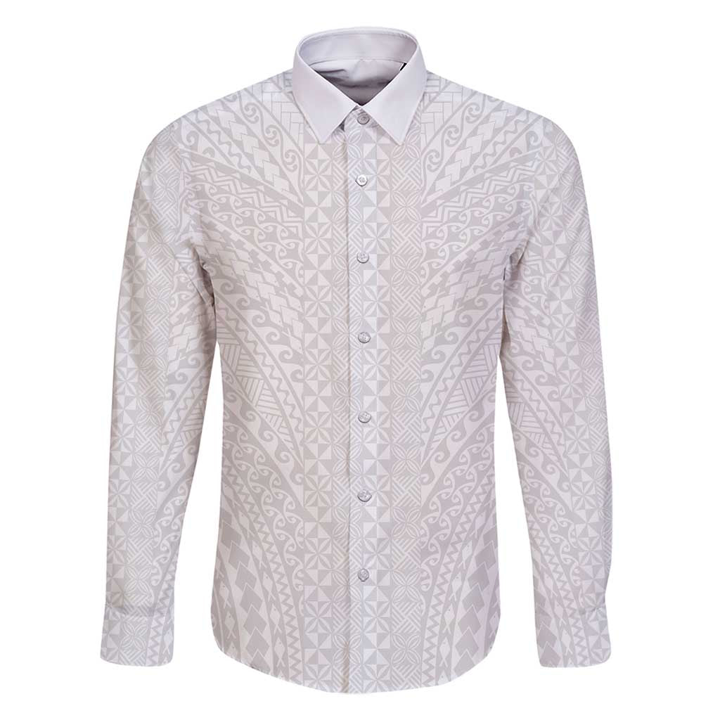 Lotu Tamaiti White Tongan Ngatu Family Matching Long Sleeve Bodycon Dress and Hawaiian Shirt Polynesian Tribal Fonulei Pattern - Polynesian Pride