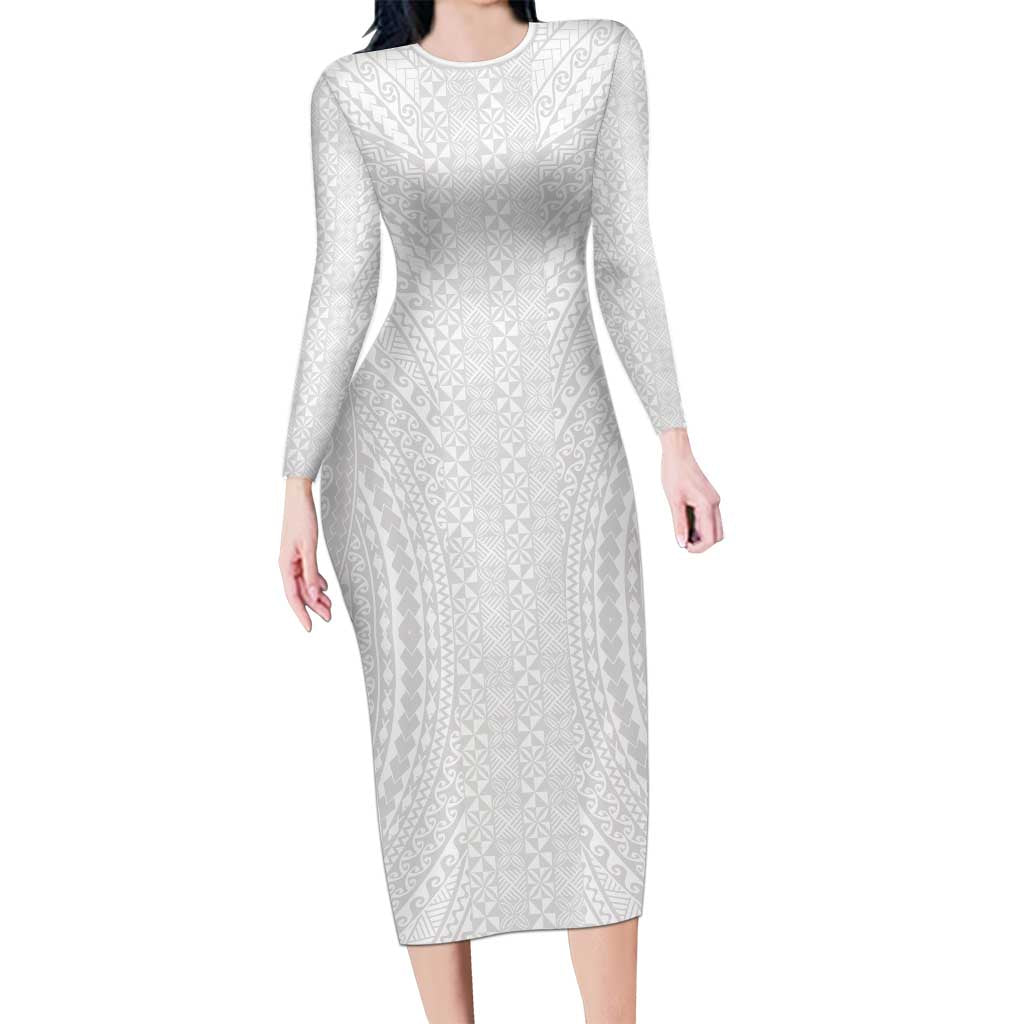 Lotu Tamaiti White Tongan Ngatu Family Matching Long Sleeve Bodycon Dress and Hawaiian Shirt Polynesian Tribal Fonulei Pattern - Polynesian Pride