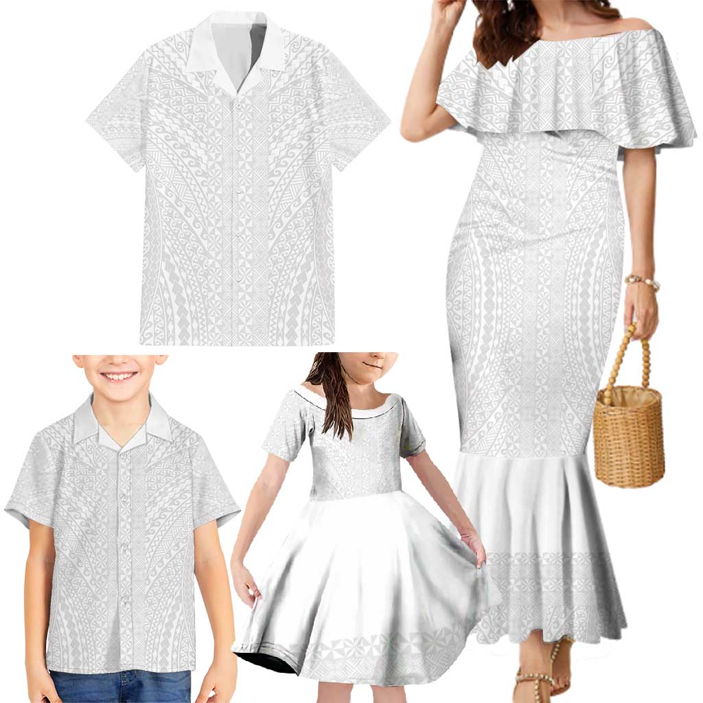 Lotu Tamaiti White Tongan Ngatu Family Matching Mermaid Dress and Hawaiian Shirt Polynesian Tribal Fonulei Pattern LT9 - Polynesian Pride