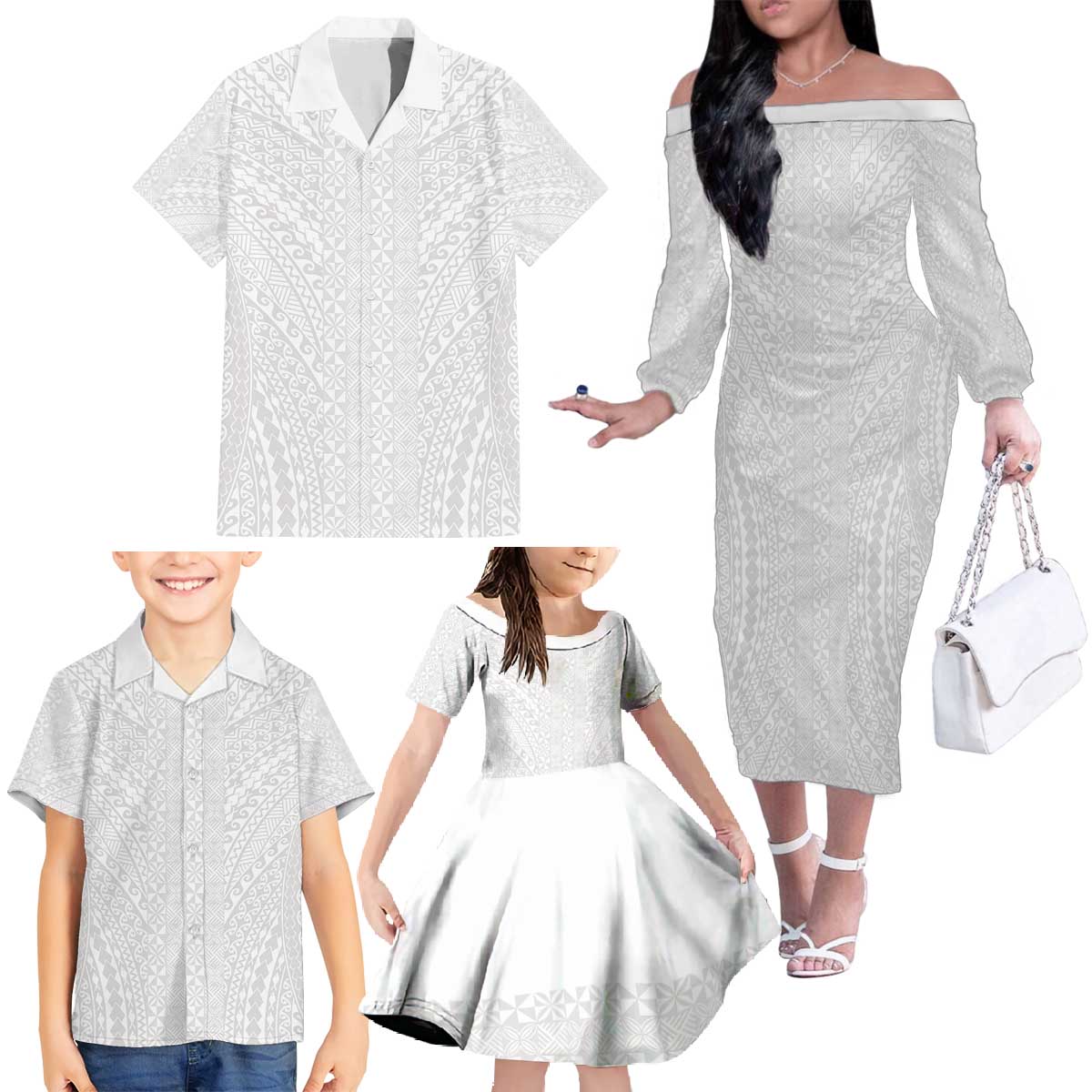 Lotu Tamaiti White Tongan Ngatu Family Matching Off The Shoulder Long Sleeve Dress and Hawaiian Shirt Polynesian Tribal Fonulei Pattern LT9 - Polynesian Pride
