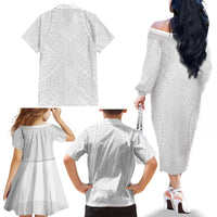Lotu Tamaiti White Tongan Ngatu Family Matching Off The Shoulder Long Sleeve Dress and Hawaiian Shirt Polynesian Tribal Fonulei Pattern - Polynesian Pride