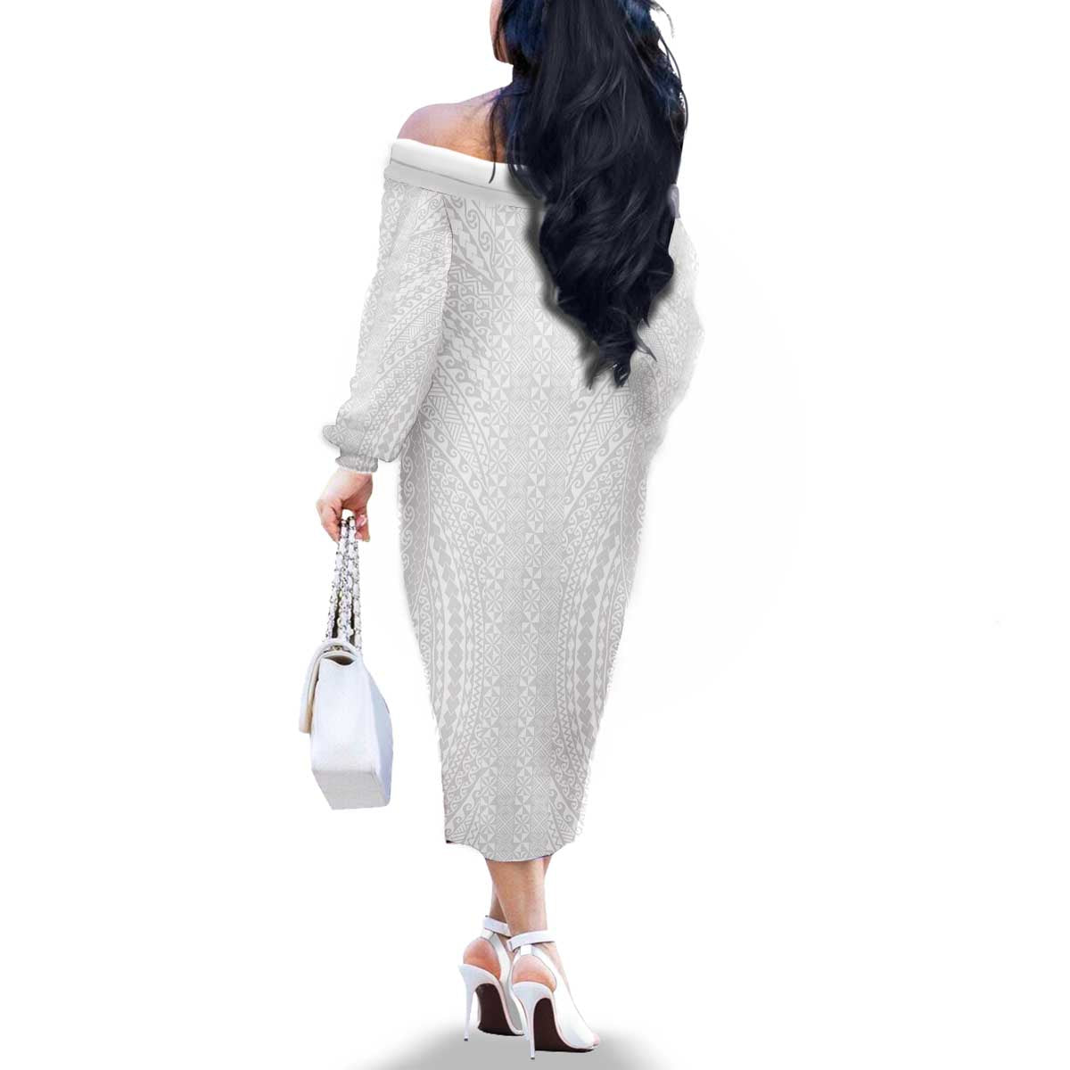 Lotu Tamaiti White Tongan Ngatu Family Matching Off The Shoulder Long Sleeve Dress and Hawaiian Shirt Polynesian Tribal Fonulei Pattern - Polynesian Pride