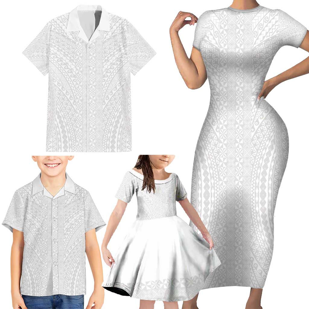 Lotu Tamaiti White Tongan Ngatu Family Matching Short Sleeve Bodycon Dress and Hawaiian Shirt Polynesian Tribal Fonulei Pattern LT9 - Polynesian Pride