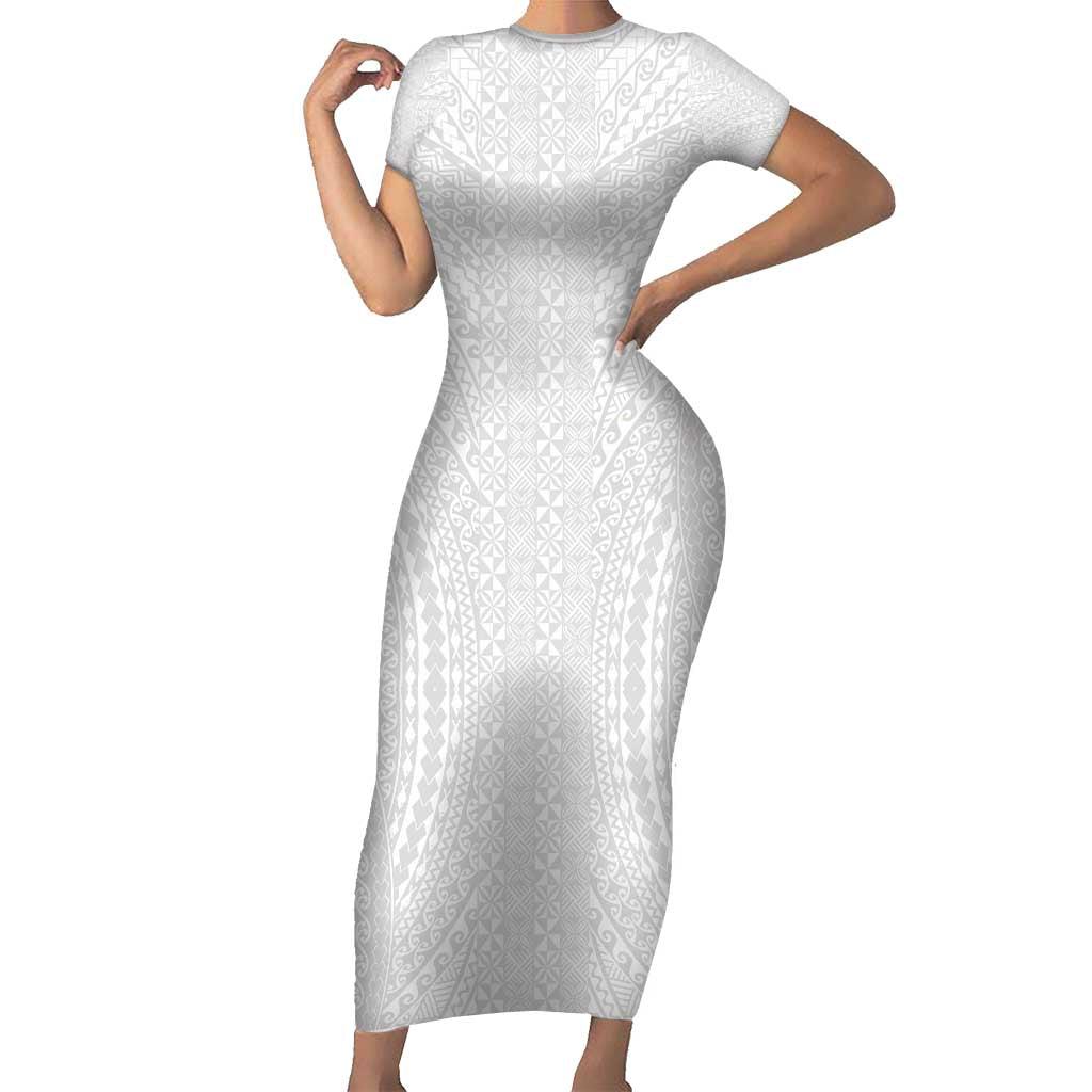 Lotu Tamaiti White Tongan Ngatu Family Matching Short Sleeve Bodycon Dress and Hawaiian Shirt Polynesian Tribal Fonulei Pattern - Polynesian Pride