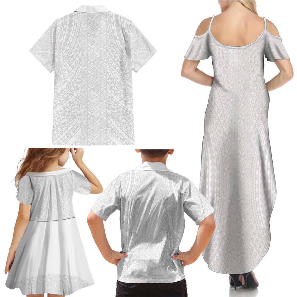 Lotu Tamaiti White Tongan Ngatu Family Matching Summer Maxi Dress and Hawaiian Shirt Polynesian Tribal Fonulei Pattern - Polynesian Pride