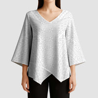Lotu Tamaiti White Tongan Ngatu Kimono Sleeve Blouse Polynesian Tribal Fonulei Pattern LT9 - Polynesian Pride