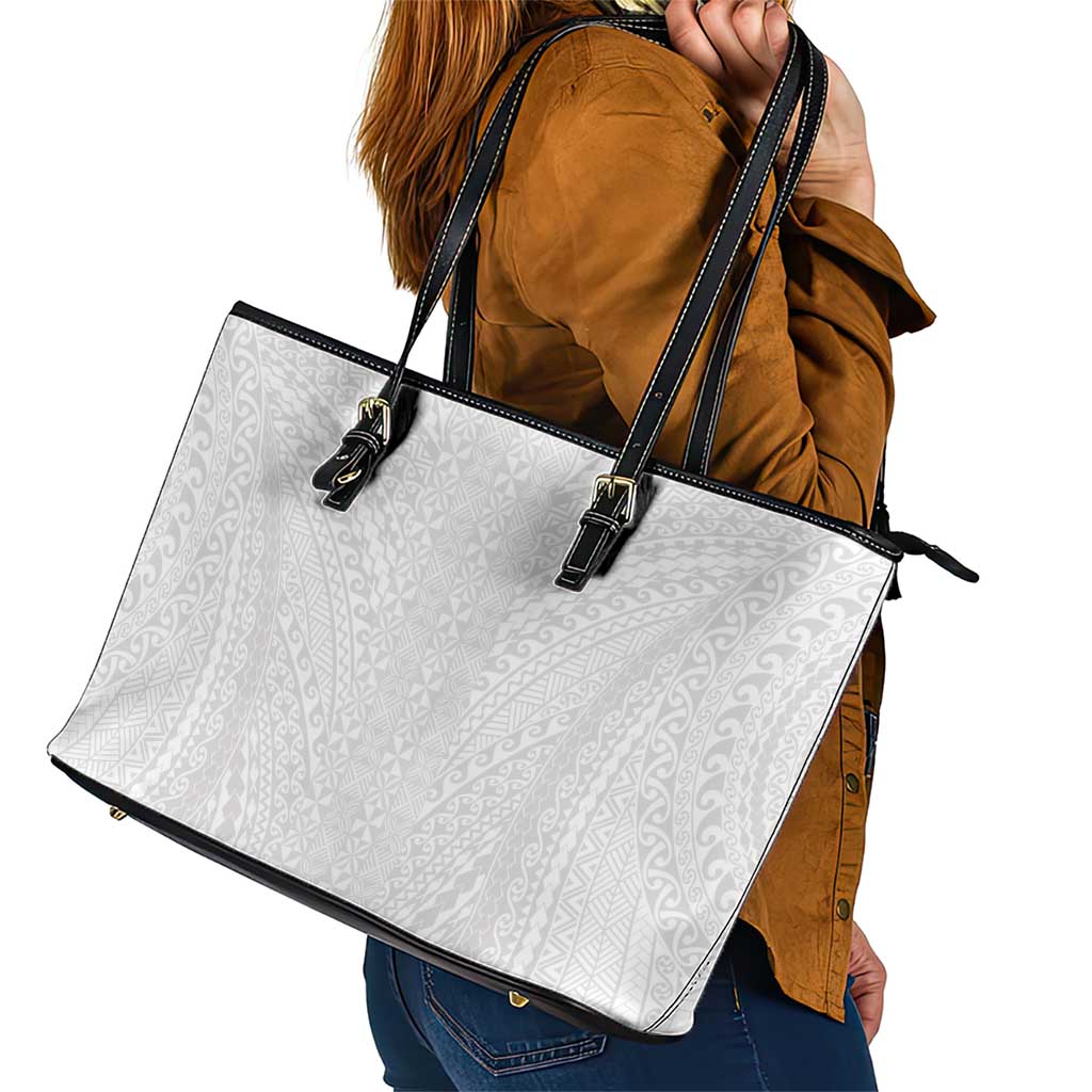 Lotu Tamaiti White Tongan Ngatu Leather Tote Bag Polynesian Tribal Fonulei Pattern LT9 - Polynesian Pride