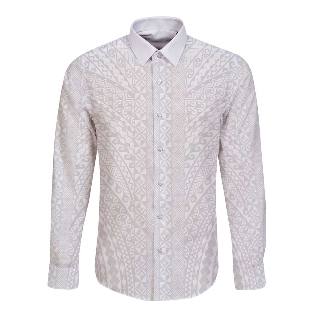 Lotu Tamaiti White Tongan Ngatu Long Sleeve Button Shirt Polynesian Tribal Fonulei Pattern LT9 Unisex White - Polynesian Pride