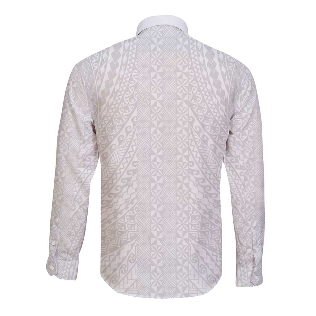 Lotu Tamaiti White Tongan Ngatu Long Sleeve Button Shirt Polynesian Tribal Fonulei Pattern LT9 - Polynesian Pride