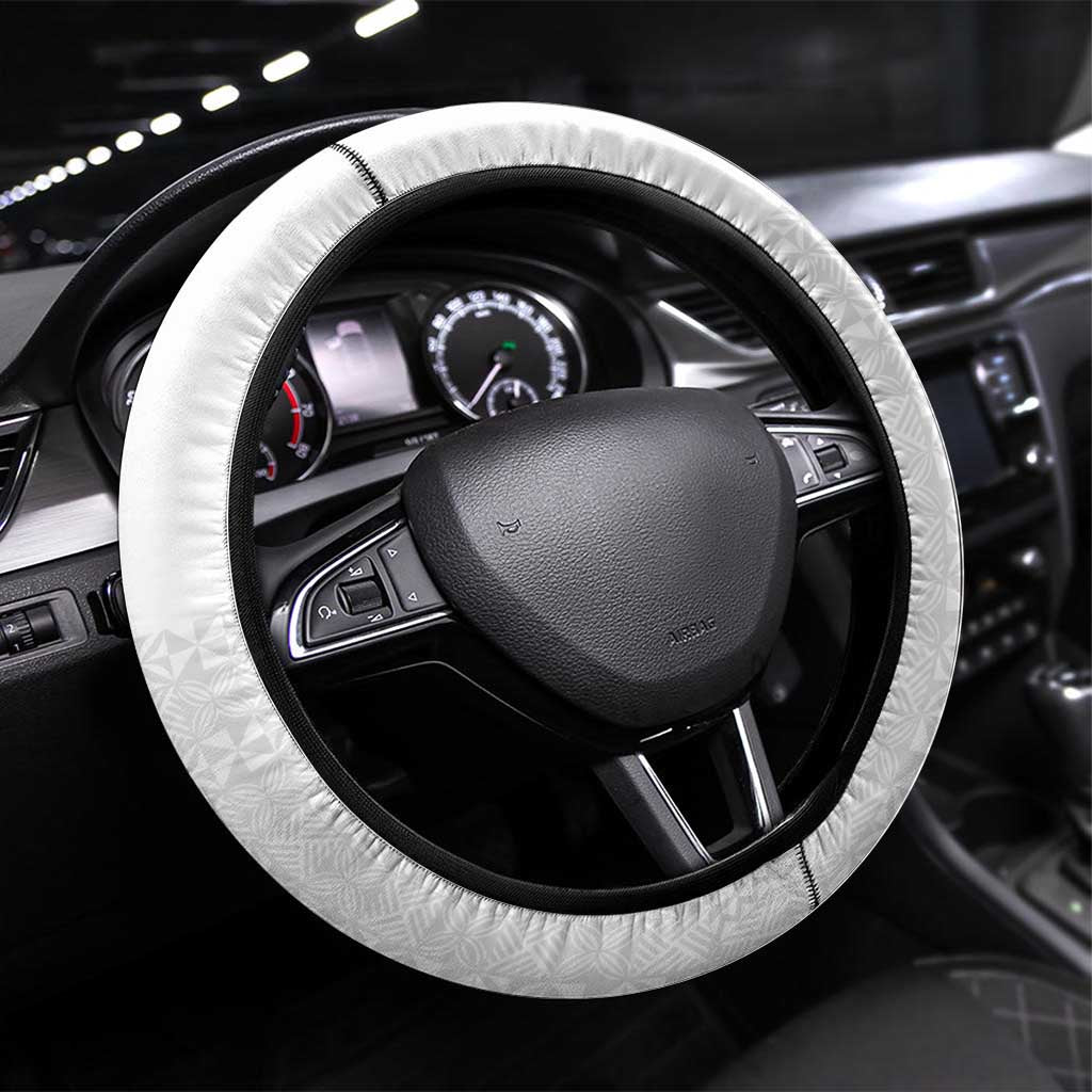 Lotu Tamaiti White Tongan Ngatu Steering Wheel Cover Polynesian Tribal Fonulei Pattern LT9 Universal Fit White - Polynesian Pride