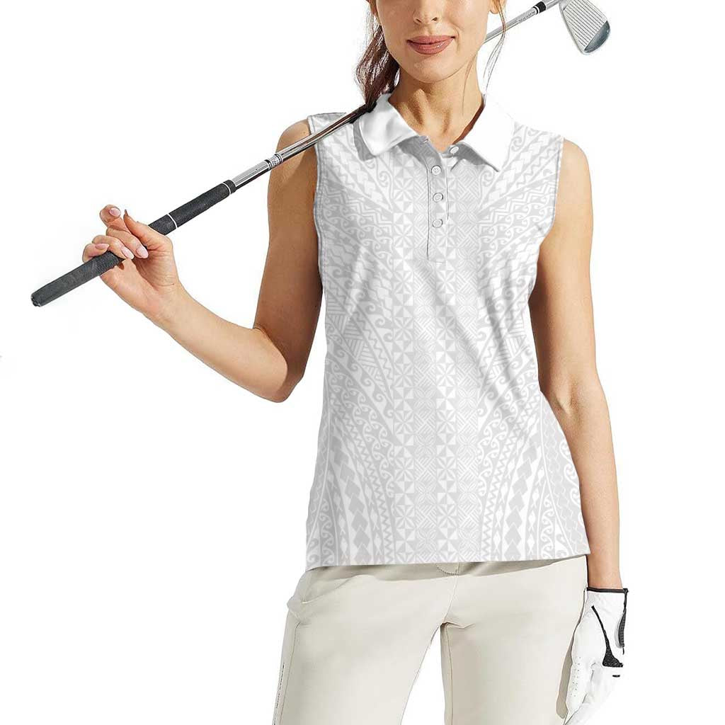 Lotu Tamaiti White Tongan Ngatu Women Sleeveless Polo Shirt Polynesian Tribal Fonulei Pattern - Polynesian Pride