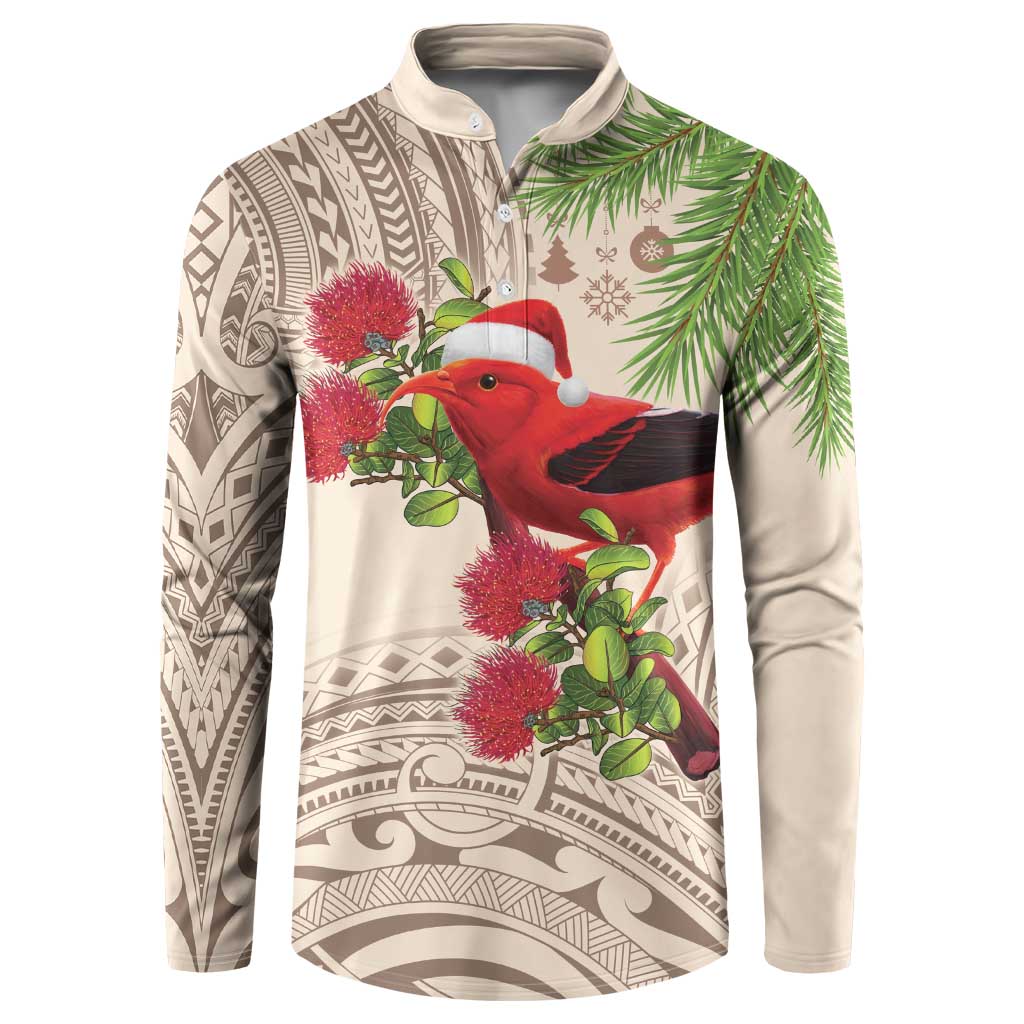 Christmas Hawaii with I'iwi Bird Button Sweatshirt Aloha Mele Kalikimaka - Beige Art