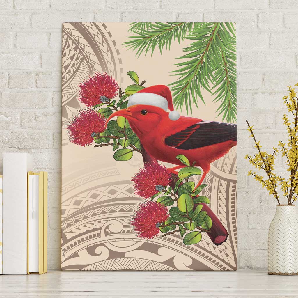 Christmas Hawaii with I'iwi Bird Canvas Wall Art Aloha Mele Kalikimaka - Beige Art