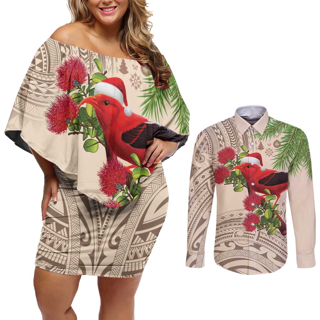 Christmas Hawaii with I'iwi Bird Couples Matching Off Shoulder Short Dress and Long Sleeve Button Shirt Aloha Mele Kalikimaka - Beige Art