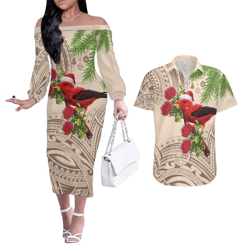 Christmas Hawaii with I'iwi Bird Couples Matching Off The Shoulder Long Sleeve Dress and Hawaiian Shirt Aloha Mele Kalikimaka - Beige Art