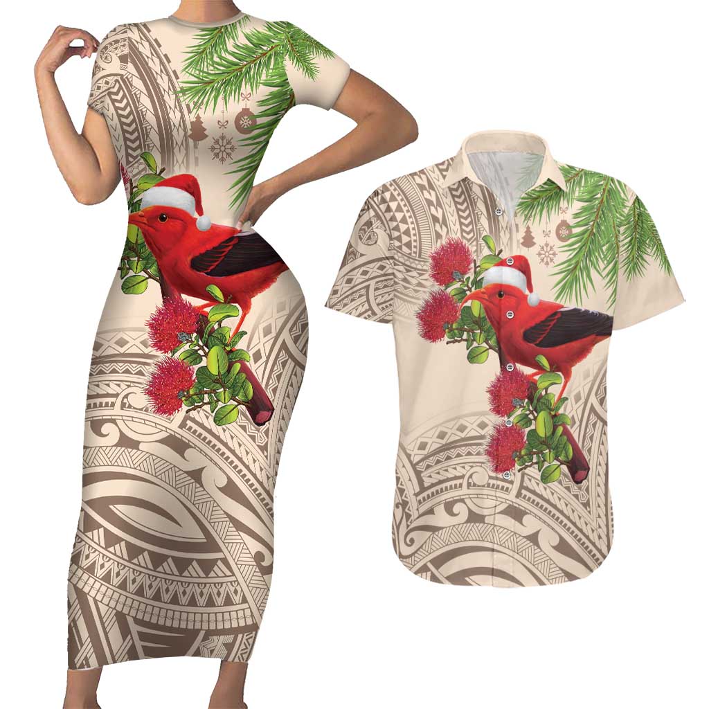 Christmas Hawaii with I'iwi Bird Couples Matching Short Sleeve Bodycon Dress and Hawaiian Shirt Aloha Mele Kalikimaka - Beige Art LT9 Beige - Polynesian Pride