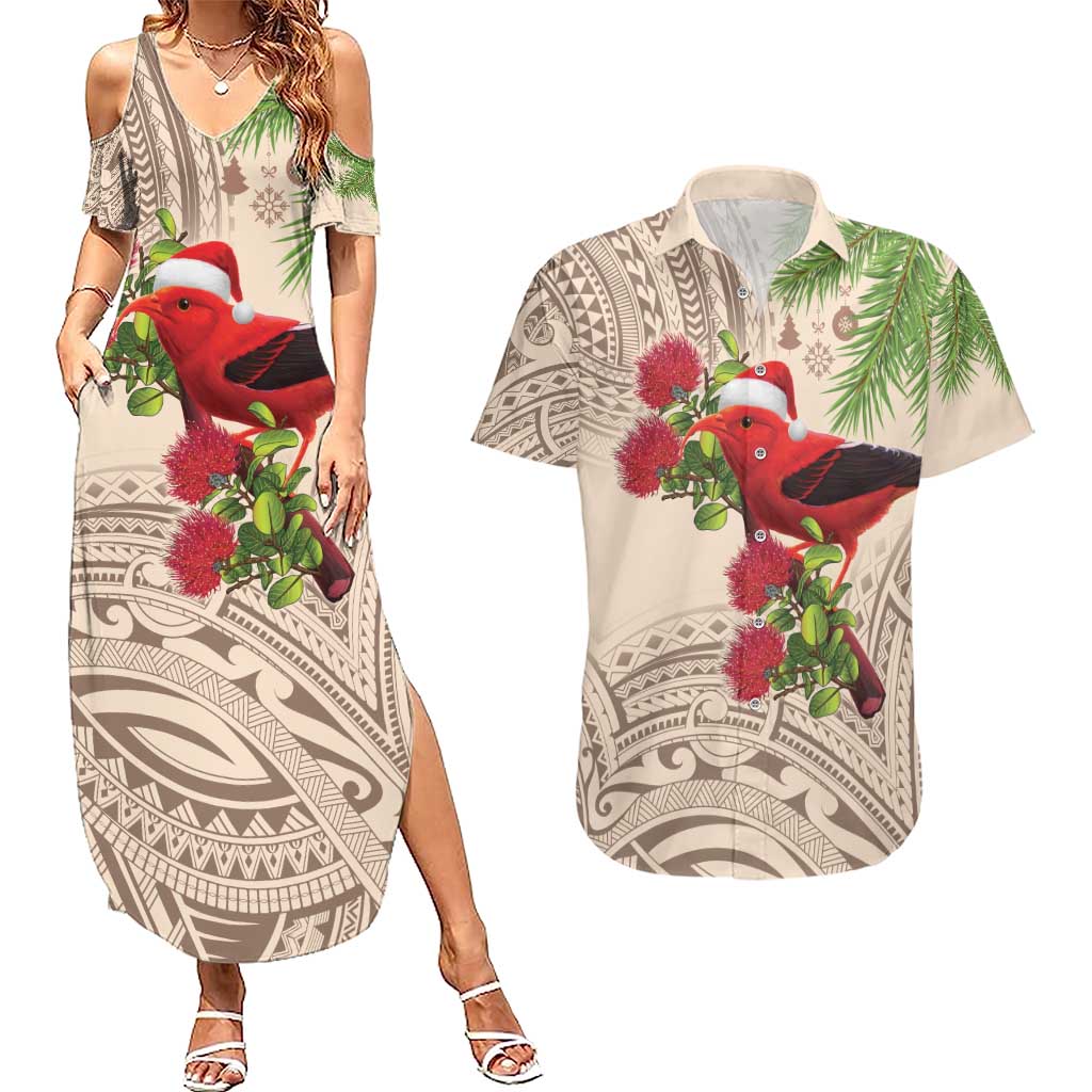 Christmas Hawaii with I'iwi Bird Couples Matching Summer Maxi Dress and Hawaiian Shirt Aloha Mele Kalikimaka - Beige Art