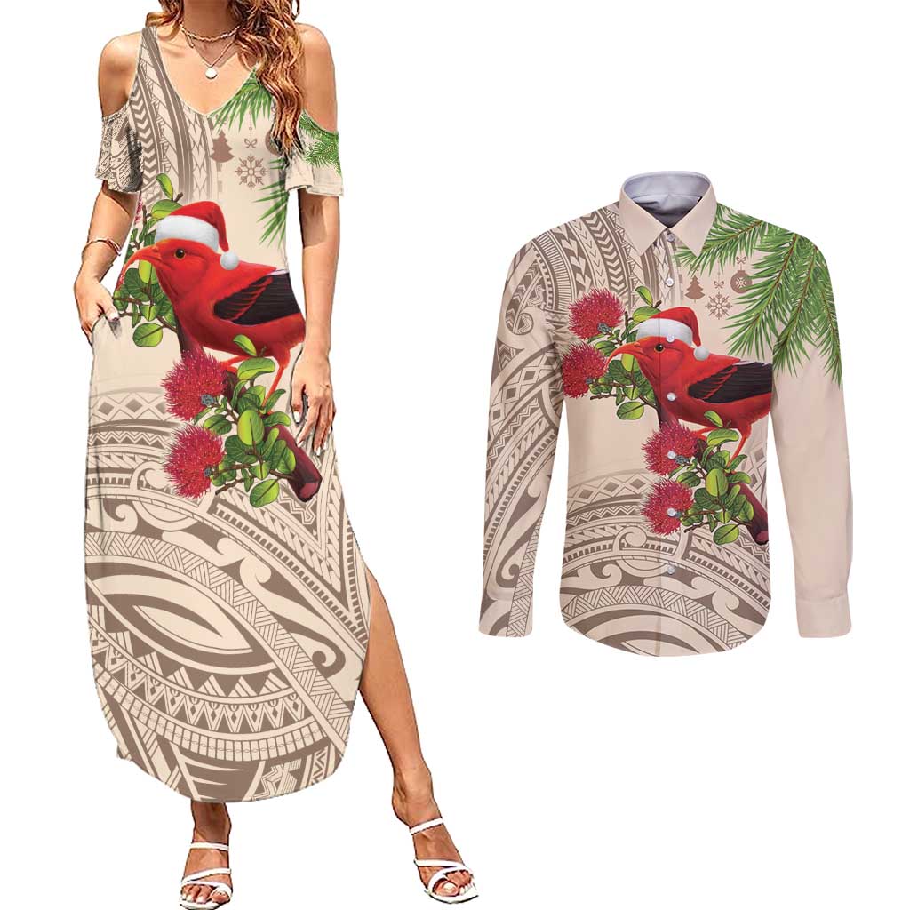 Christmas Hawaii with I'iwi Bird Couples Matching Summer Maxi Dress and Long Sleeve Button Shirt Aloha Mele Kalikimaka - Beige Art LT9 Beige - Polynesian Pride