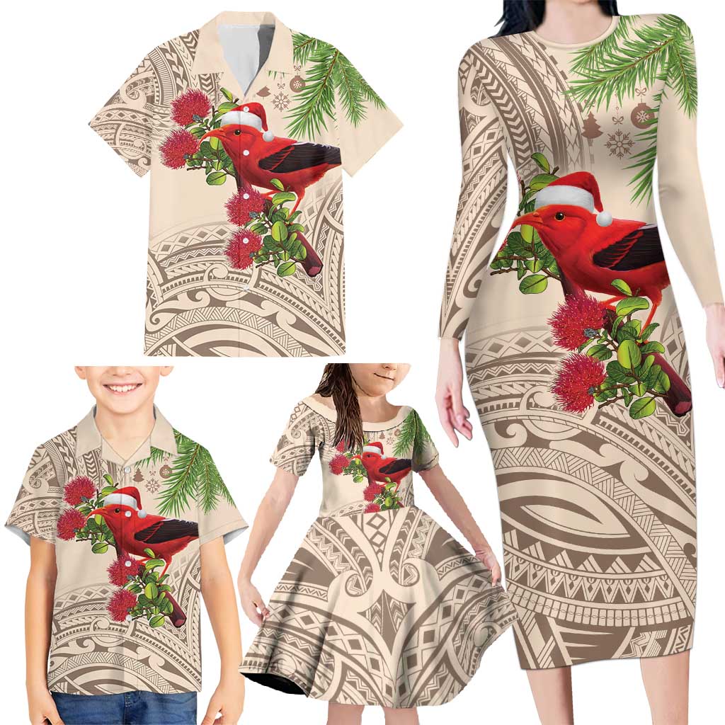 Christmas Hawaii with I'iwi Bird Family Matching Long Sleeve Bodycon Dress and Hawaiian Shirt Aloha Mele Kalikimaka - Beige Art