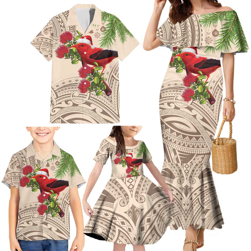 Christmas Hawaii with I'iwi Bird Family Matching Mermaid Dress and Hawaiian Shirt Aloha Mele Kalikimaka - Beige Art