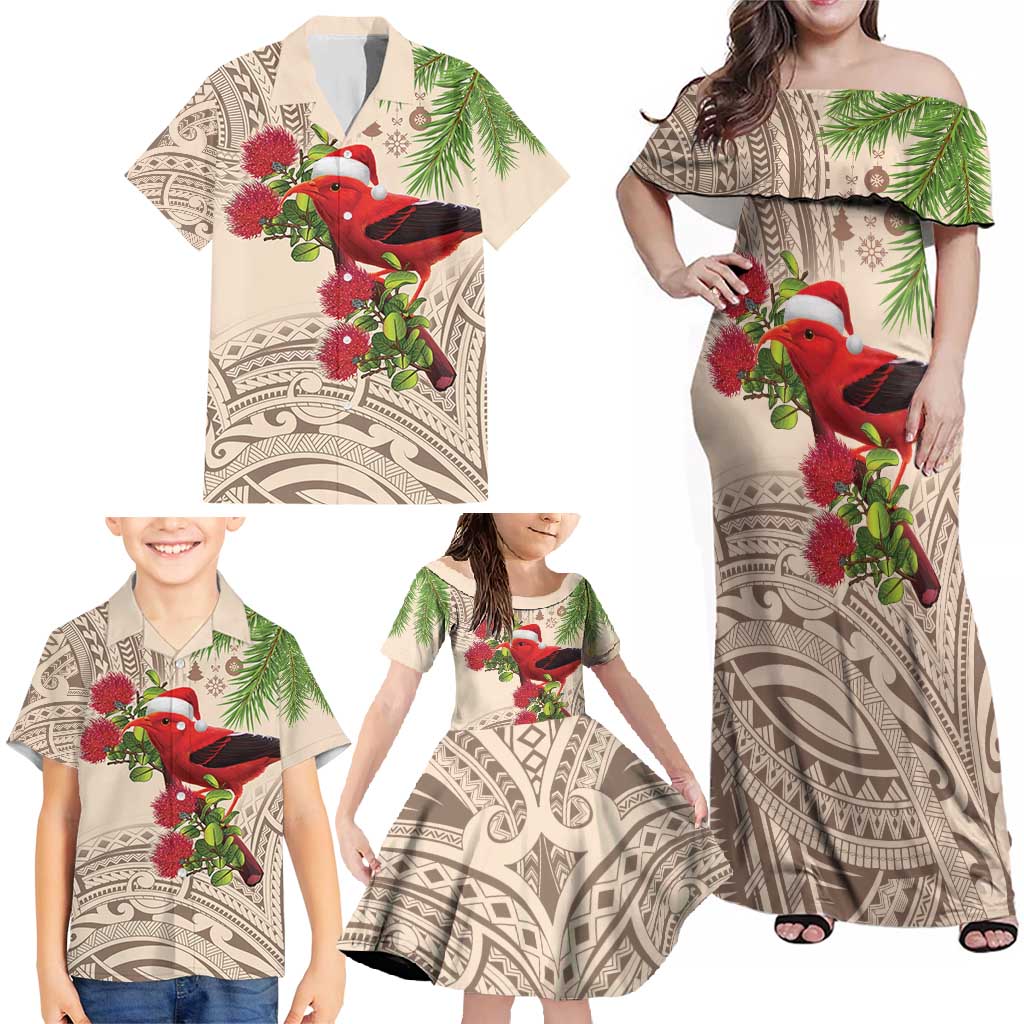 Christmas Hawaii with I'iwi Bird Family Matching Off Shoulder Maxi Dress and Hawaiian Shirt Aloha Mele Kalikimaka - Beige Art