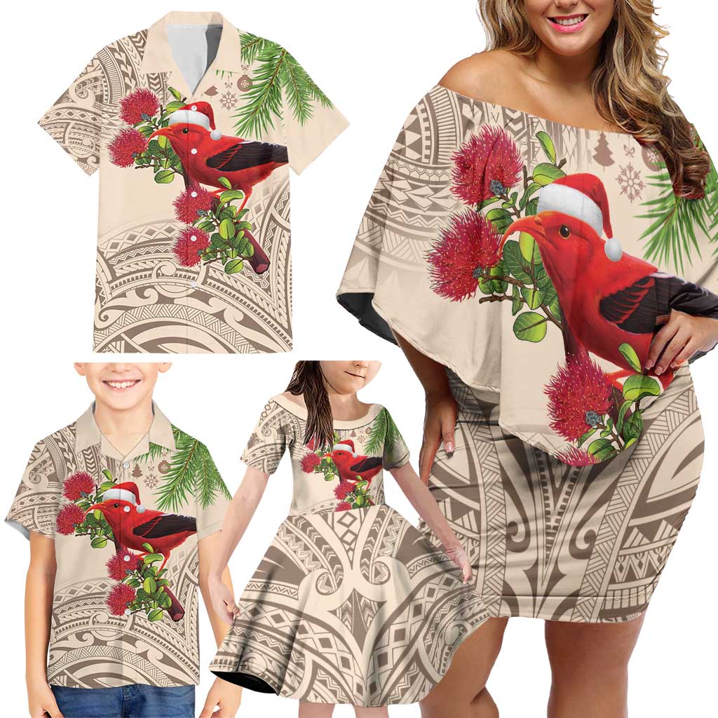 Christmas Hawaii with I'iwi Bird Family Matching Off Shoulder Short Dress and Hawaiian Shirt Aloha Mele Kalikimaka - Beige Art