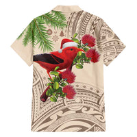 Christmas Hawaii with I'iwi Bird Family Matching Off Shoulder Short Dress and Hawaiian Shirt Aloha Mele Kalikimaka - Beige Art