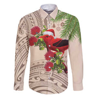 Christmas Hawaii with I'iwi Bird Family Matching Off Shoulder Short Dress and Hawaiian Shirt Aloha Mele Kalikimaka - Beige Art
