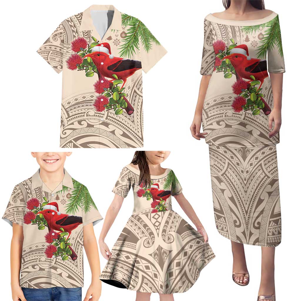 Christmas Hawaii with I'iwi Bird Family Matching Puletasi and Hawaiian Shirt Aloha Mele Kalikimaka - Beige Art