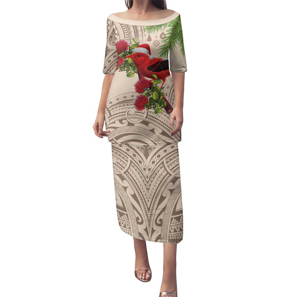 Christmas Hawaii with I'iwi Bird Family Matching Puletasi and Hawaiian Shirt Aloha Mele Kalikimaka - Beige Art
