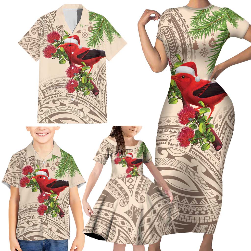 Christmas Hawaii with I'iwi Bird Family Matching Short Sleeve Bodycon Dress and Hawaiian Shirt Aloha Mele Kalikimaka - Beige Art