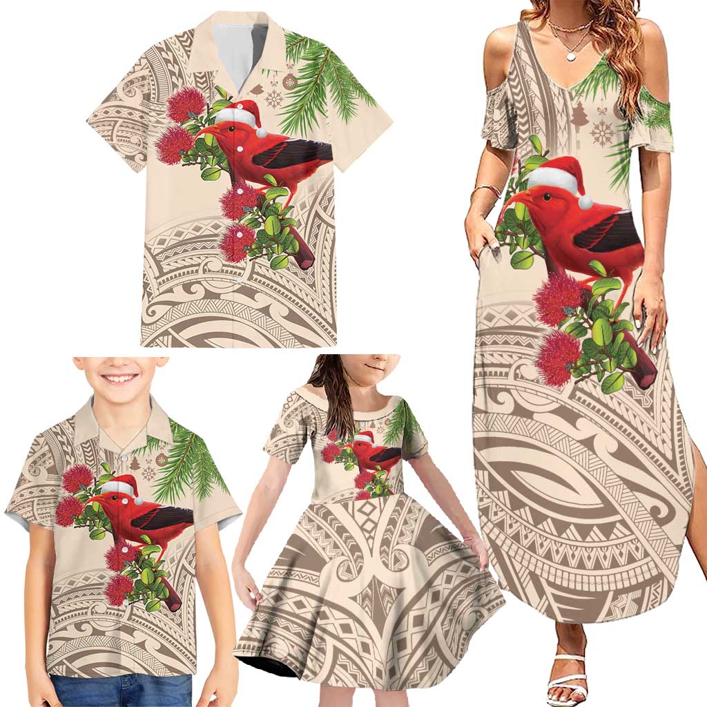 Christmas Hawaii with I'iwi Bird Family Matching Summer Maxi Dress and Hawaiian Shirt Aloha Mele Kalikimaka - Beige Art