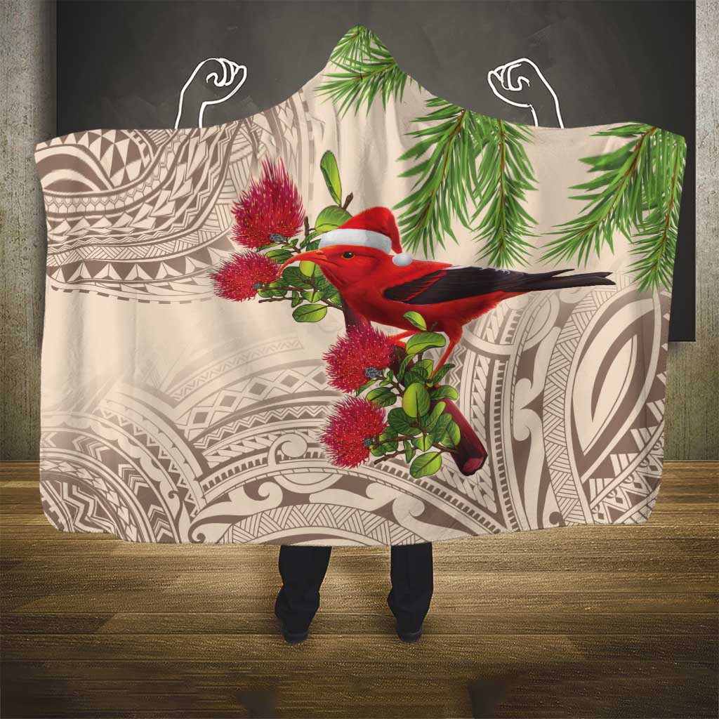 Christmas Hawaii with I'iwi Bird Hooded Blanket Aloha Mele Kalikimaka - Beige Art LT9 - Polynesian Pride