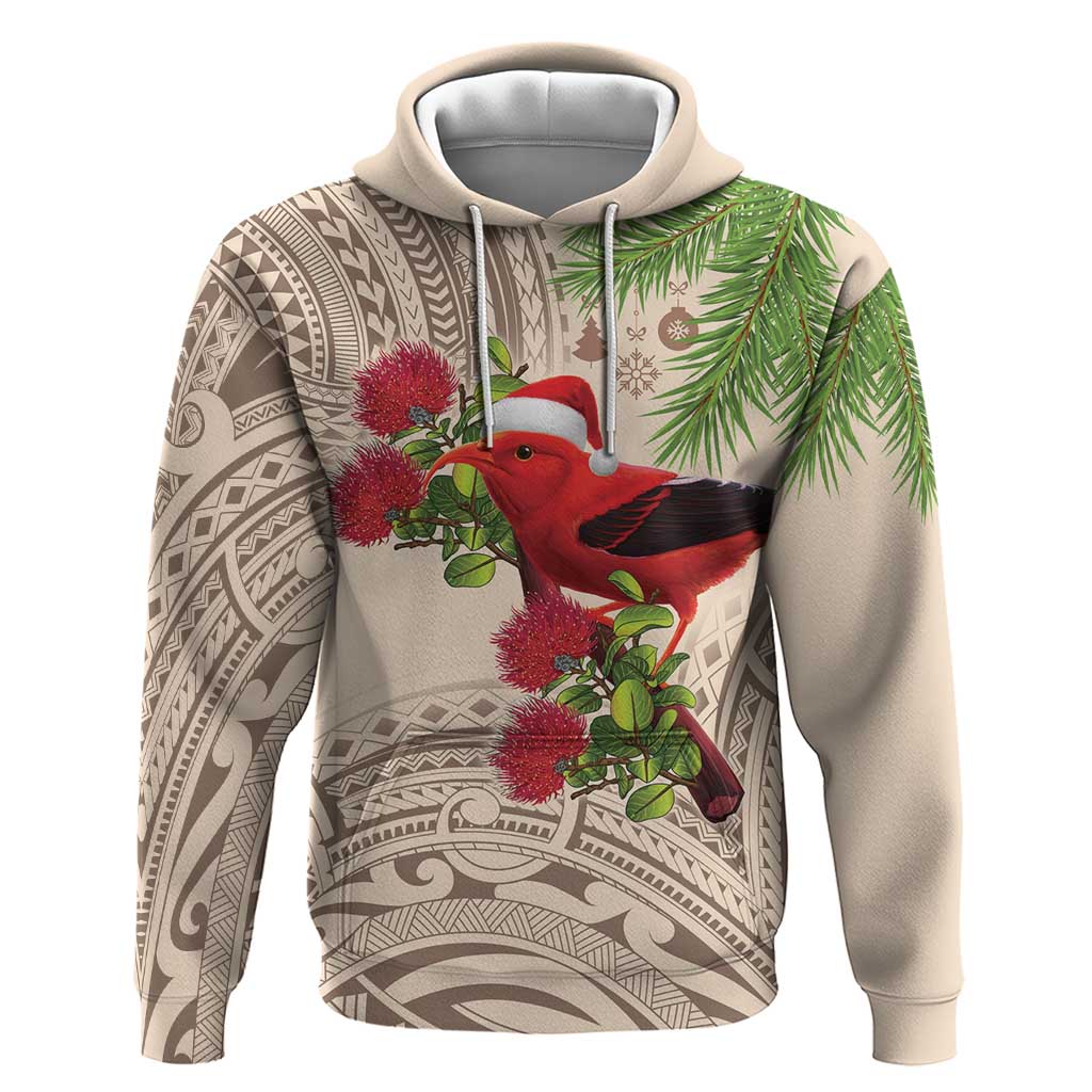 Christmas Hawaii with I'iwi Bird Hoodie Aloha Mele Kalikimaka - Beige Art