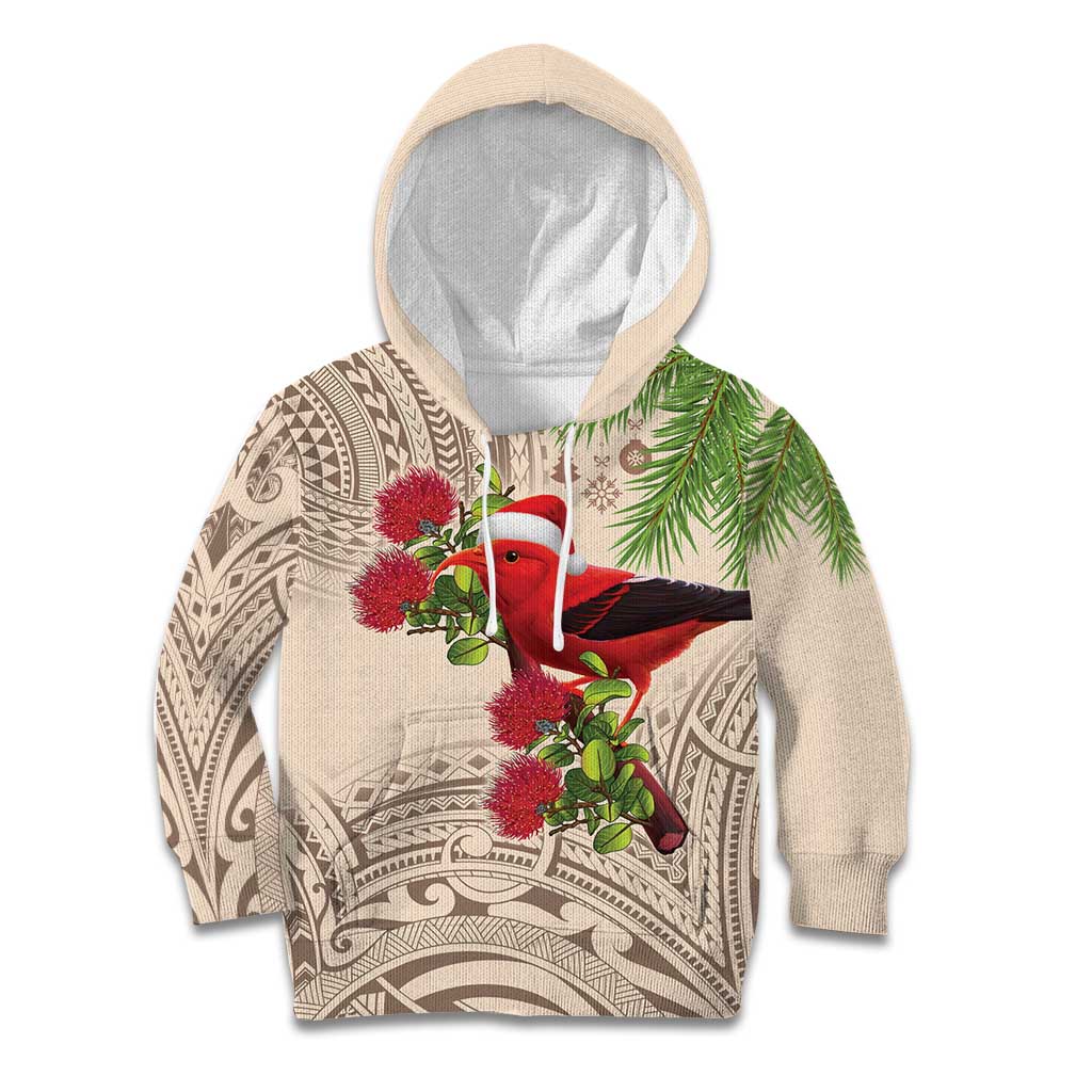 Christmas Hawaii with I'iwi Bird Kid Hoodie Aloha Mele Kalikimaka - Beige Art