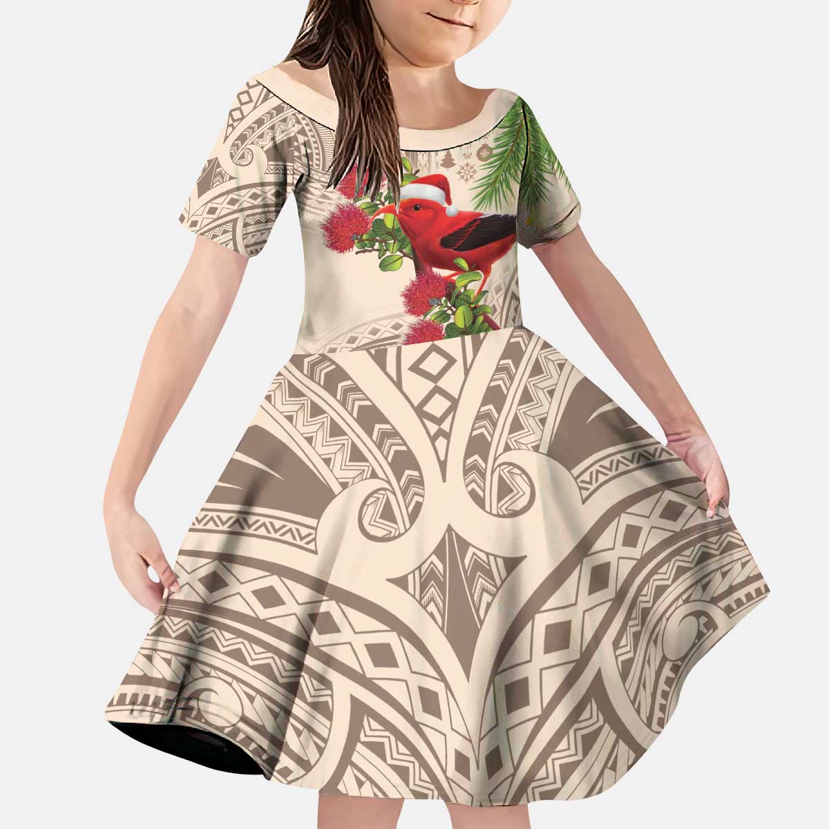 Christmas Hawaii with I'iwi Bird Kid Short Sleeve Dress Aloha Mele Kalikimaka - Beige Art