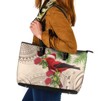 Christmas Hawaii with I'iwi Bird Leather Tote Bag Aloha Mele Kalikimaka - Beige Art LT9 Beige - Polynesian Pride