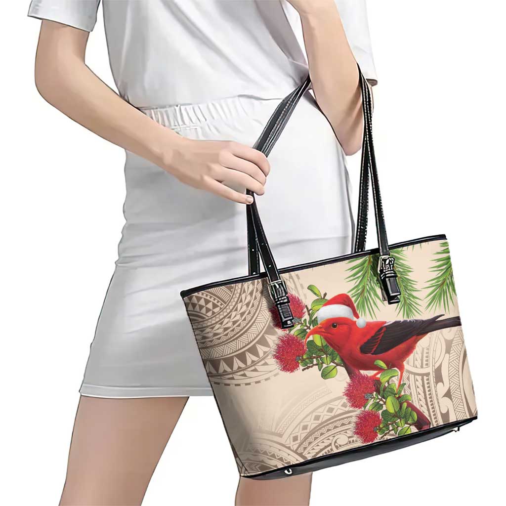 Christmas Hawaii with I'iwi Bird Leather Tote Bag Aloha Mele Kalikimaka - Beige Art LT9 - Polynesian Pride