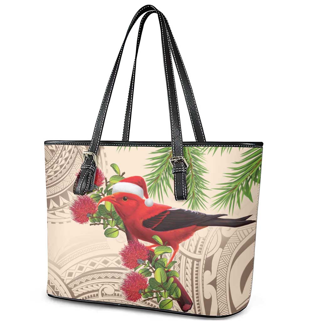 Christmas Hawaii with I'iwi Bird Leather Tote Bag Aloha Mele Kalikimaka - Beige Art LT9 - Polynesian Pride