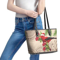 Christmas Hawaii with I'iwi Bird Leather Tote Bag Aloha Mele Kalikimaka - Beige Art LT9 - Polynesian Pride