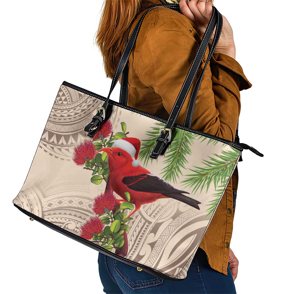 Christmas Hawaii with I'iwi Bird Leather Tote Bag Aloha Mele Kalikimaka - Beige Art LT9 - Polynesian Pride