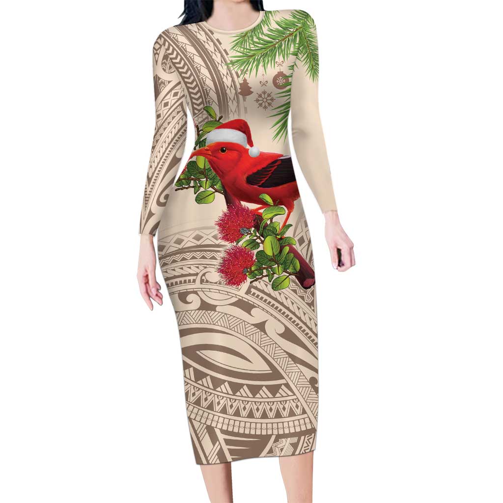 Christmas Hawaii with I'iwi Bird Long Sleeve Bodycon Dress Aloha Mele Kalikimaka - Beige Art