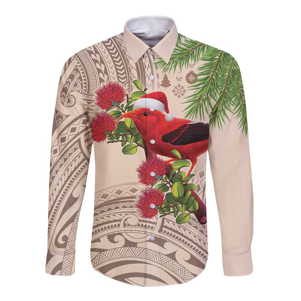 Christmas Hawaii with I'iwi Bird Long Sleeve Button Shirt Aloha Mele Kalikimaka - Beige Art LT9 Unisex Beige - Polynesian Pride