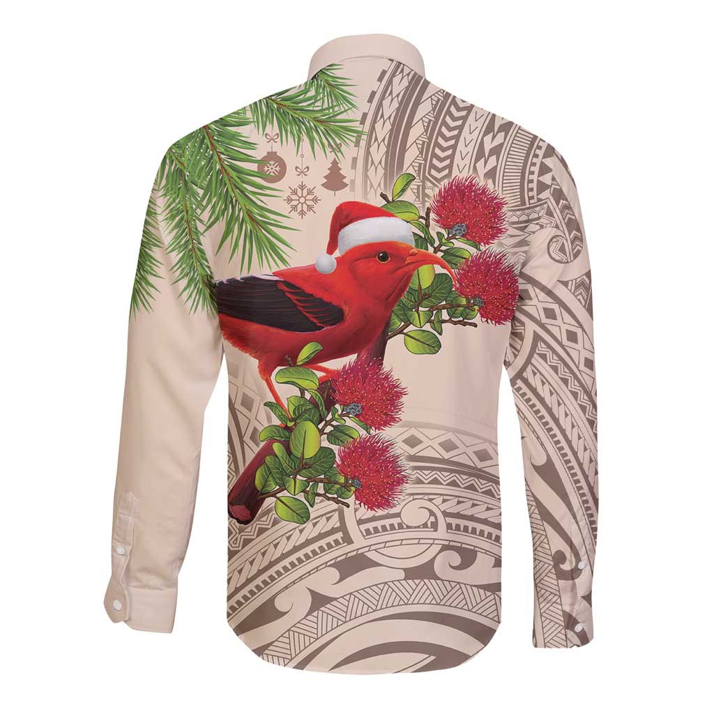 Christmas Hawaii with I'iwi Bird Long Sleeve Button Shirt Aloha Mele Kalikimaka - Beige Art LT9 - Polynesian Pride