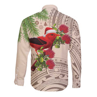 Christmas Hawaii with I'iwi Bird Long Sleeve Button Shirt Aloha Mele Kalikimaka - Beige Art LT9 - Polynesian Pride